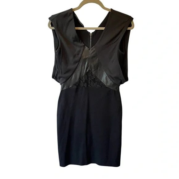 All Saints Mini sleeveless dress US 4 Black Leather Lace V-neck Full zip back - Picture 2 of 9